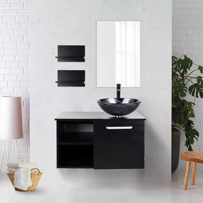 Clematic28WallMountedSingleBathroomVanitywithGlassTopwithMirror Clematic28WallMountedSingleBathroomVanitywithGlassTopwithMirror
